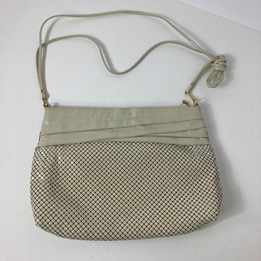Womens Whiting & Davis Cream‎ Metal Mesh Leather Crossbody Purse Bag 7x10